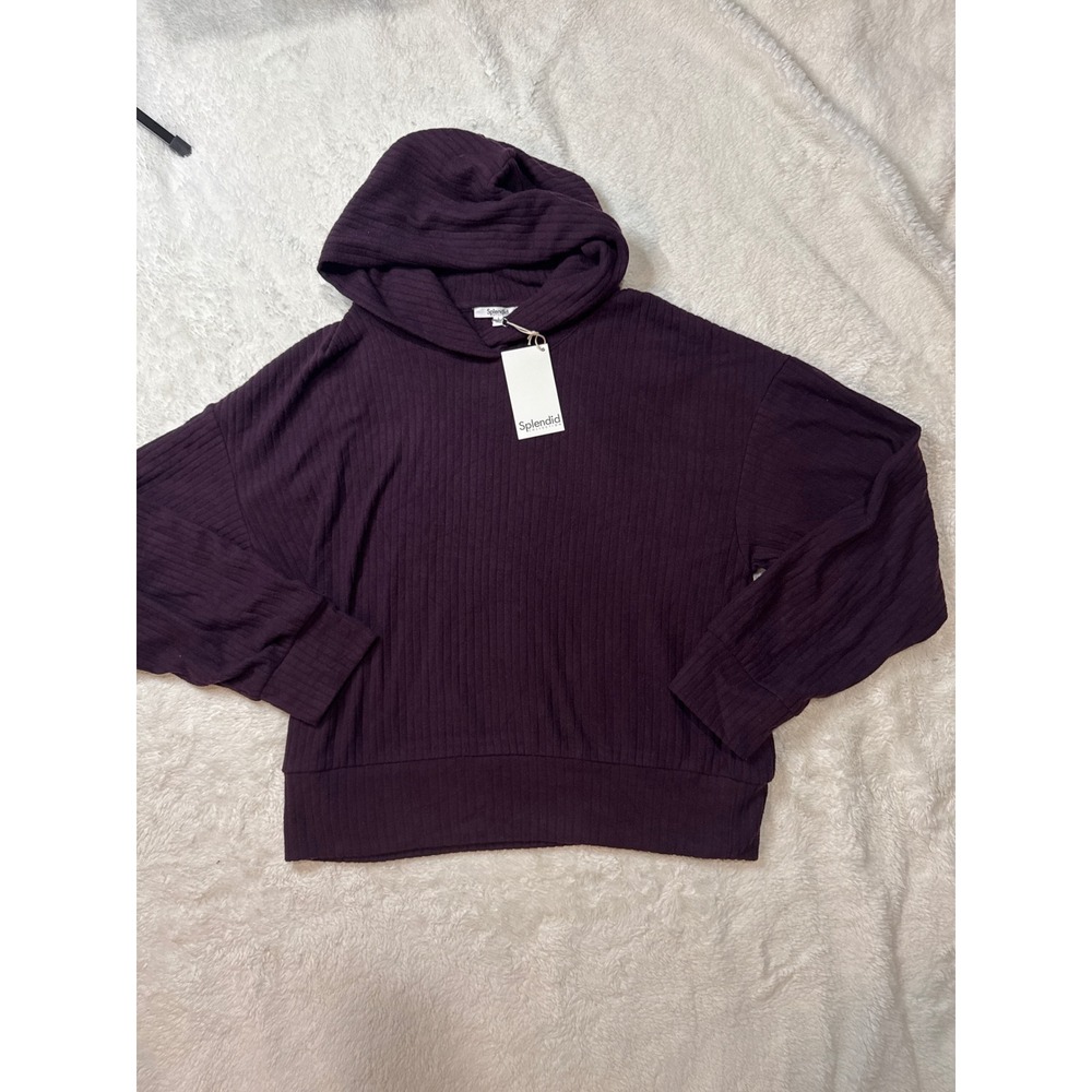 Splendid Ribbed Knit Hoodie Womens L Purple NWT RW3K700 Long Sleeve Pullover